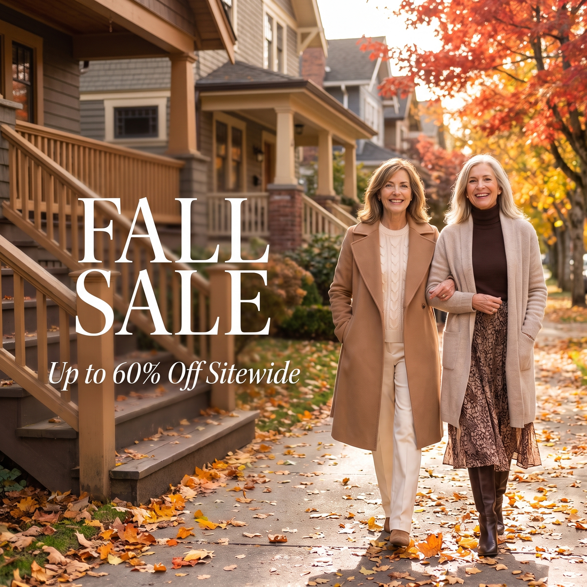 Emma and a friend walking on an autumn street in Vancouver, Fall Sale up to 60% off sitewide